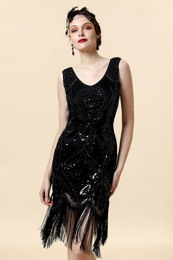 Black V-Neck Sequins 1920s Midi Fringe Dress