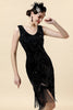 Load image into Gallery viewer, Black V-Neck Sequins 1920s Midi Fringe Dress