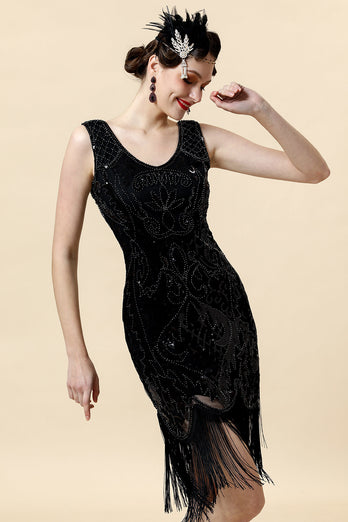 Black V-Neck Sequins 1920s Midi Fringe Dress