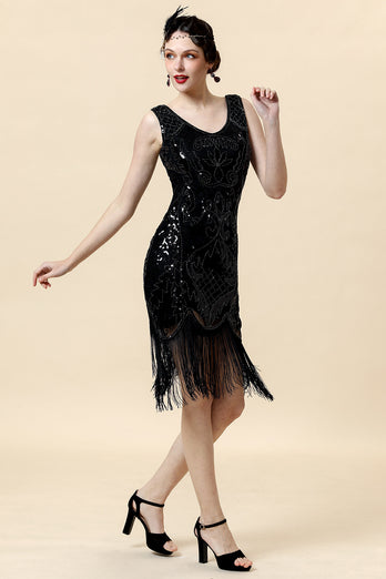 Black V-Neck Sequins 1920s Midi Fringe Dress