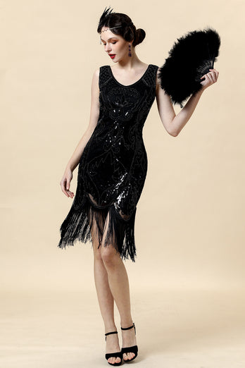 Black V-Neck Sequins 1920s Midi Fringe Dress