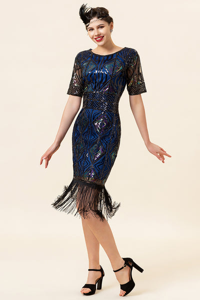 Blue Sequins Fringe Gatsby 1920s Dress with Sleeves