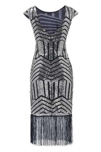 Silver Round Neck 1920s Flapper Dress