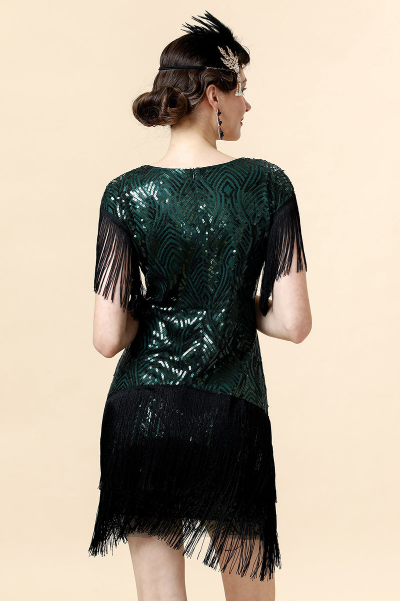 Load image into Gallery viewer, V Neck Black Green Sequins Cocktail Dress with Tassel