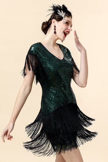 V Neck Black Green Sequins Cocktail Dress with Tassel