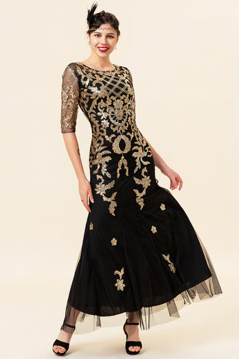 Queendancer Women Black Golden Sequins Long Formal Dress with Half Sleeve Gatsby Dress 1920s Dress