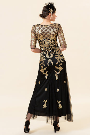 Roaring 20s Black Golden Sequins Long Formal Dress with Half Sleeve