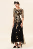 Load image into Gallery viewer, Black Golden Sequins Long Formal Dress with Half Sleeve