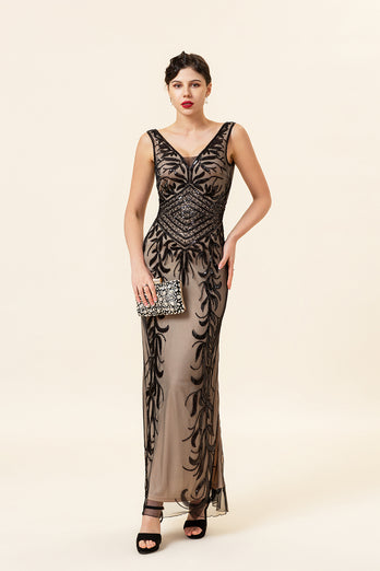 Sheath V Neck Champagne Sequins Long Formal Dress