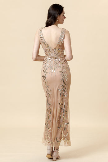 Sheath V Neck Champagne Sequins Long Formal Dress