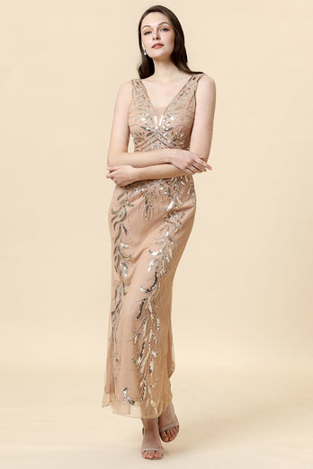 Sheath V Neck Champagne Sequins Long Formal Dress