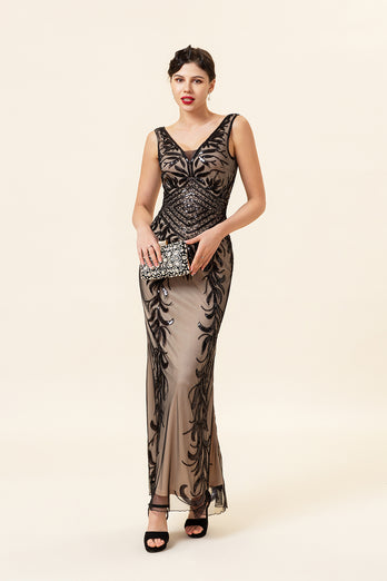 Sheath V Neck Champagne Sequins Long Formal Dress