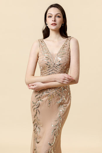 Sheath V Neck Champagne Sequins Long Formal Dress