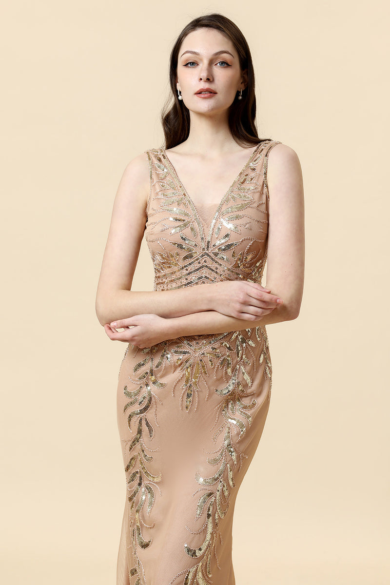 Load image into Gallery viewer, Sheath V Neck Champagne Sequins Long Formal Dress