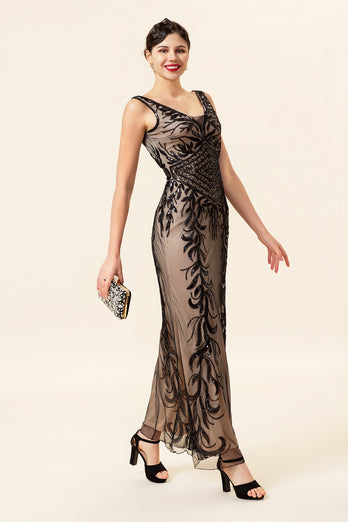 Sheath V Neck Champagne Sequins Long Formal Dress