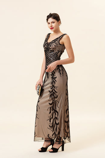 Sheath V Neck Champagne Sequins Long Formal Dress