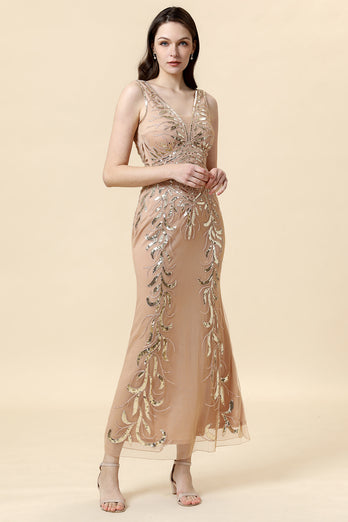 Sheath V Neck Champagne Sequins Long Formal Dress