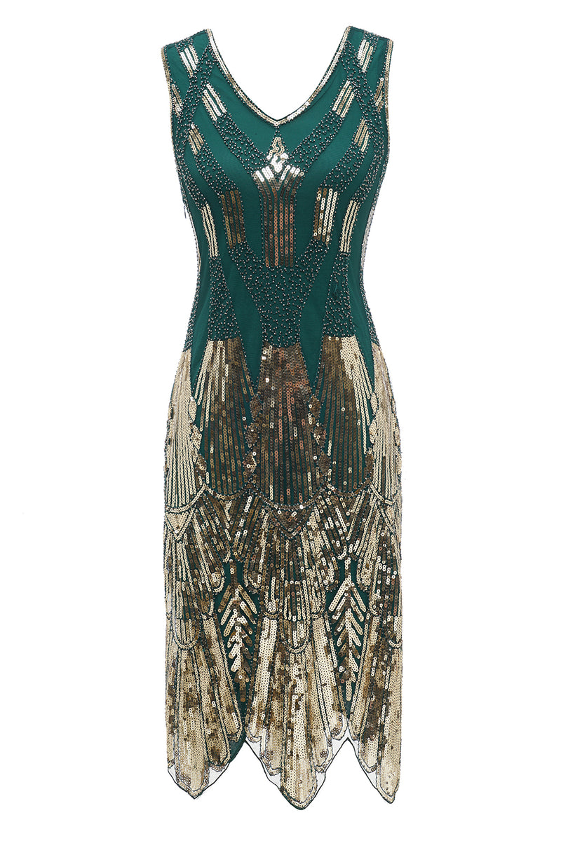 Load image into Gallery viewer, Sheath V Neck Dark Green Sequins 1920s Dress