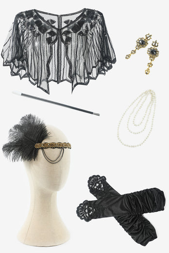 Black Six Pieces Wrap Headpiece 1920s Accessories Set