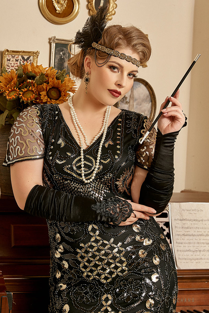 Load image into Gallery viewer, Black Golden Beaded Sequins 1920s Plus Size Dress