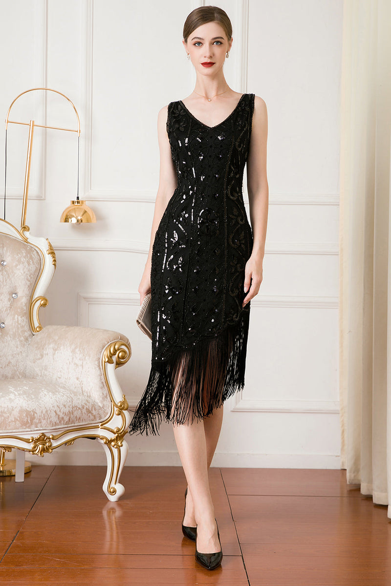 Load image into Gallery viewer, Black Sequin 1920s Flapper Dress with Fringes