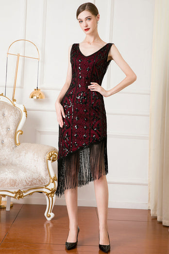 Black Sequin 1920s Flapper Dress with Fringes