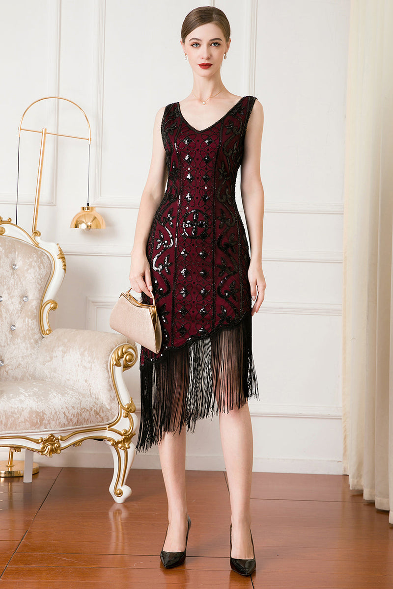 Load image into Gallery viewer, Black Sequin 1920s Flapper Dress with Fringes