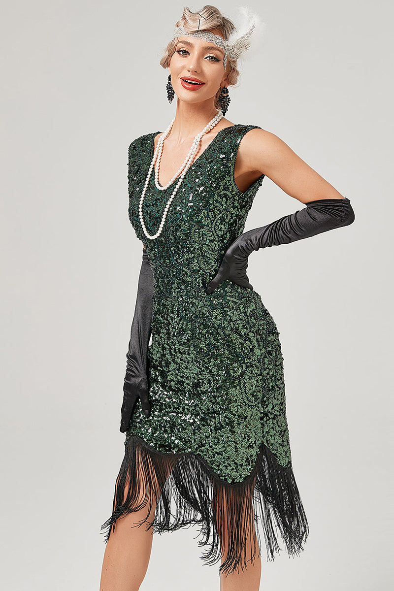 Load image into Gallery viewer, Dark Green Sequined V-Neck Gatsby Dress With Fringes