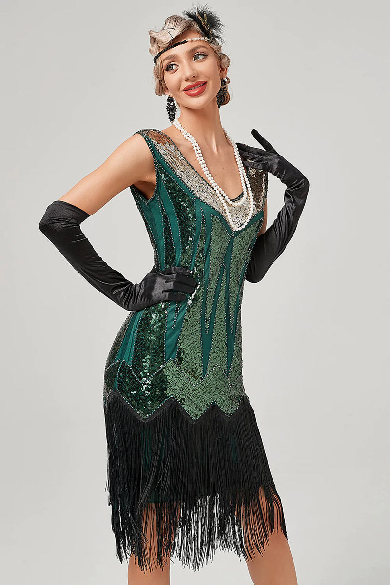 Load image into Gallery viewer, Black Green V-Neck Flapper Dress With Fringes