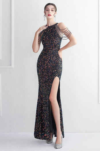 Sequins Black Halter Prom Dress With Split Front