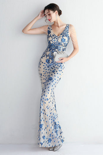 Blue Floor Length Sequins V-Neck Prom Dress