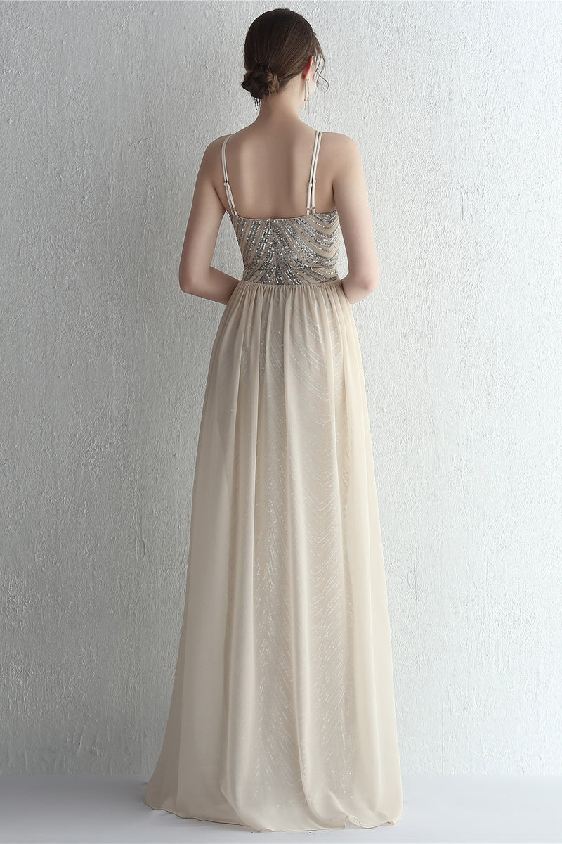 Load image into Gallery viewer, Halter Apricot Sparkly Sequins Prom Dress