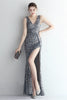 Load image into Gallery viewer, Black Sparkly Sequins V-Neck Long Prom Dress With Slit