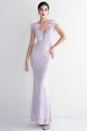 Apricot Silver Sequined Prom Dress With Feathers