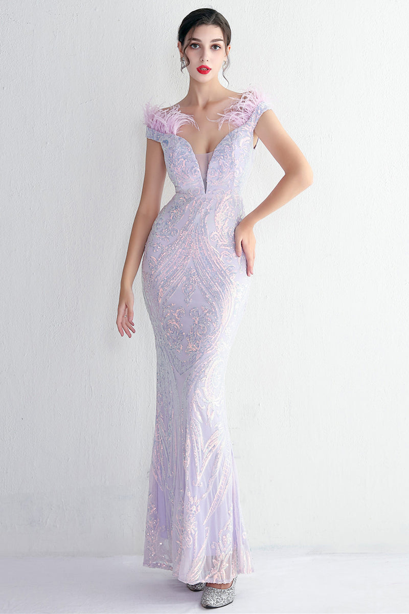 Load image into Gallery viewer, Apricot Silver Sequined Prom Dress With Feathers