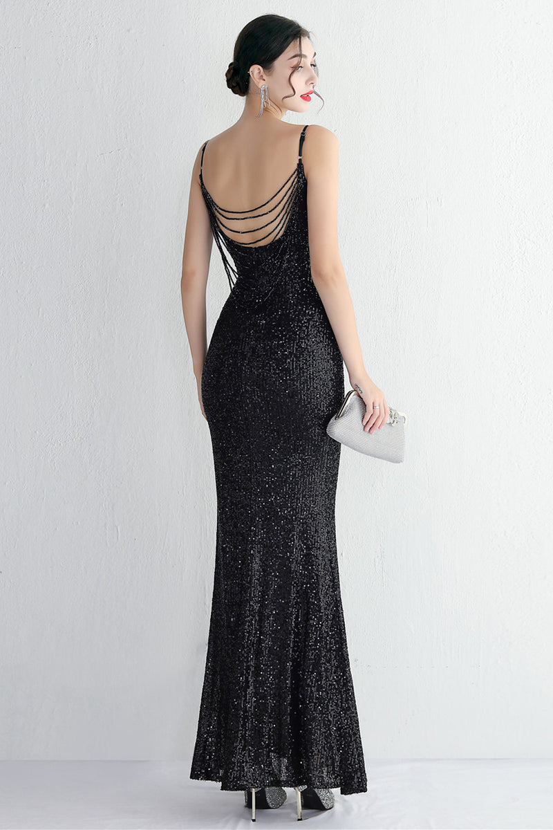 Load image into Gallery viewer, Black Spaghetti Straps V-Neck Formal Dress With Slit