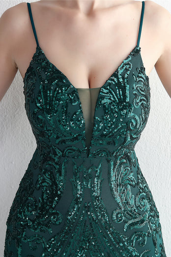 Green Spaghetti Straps Sequins Prom Dress