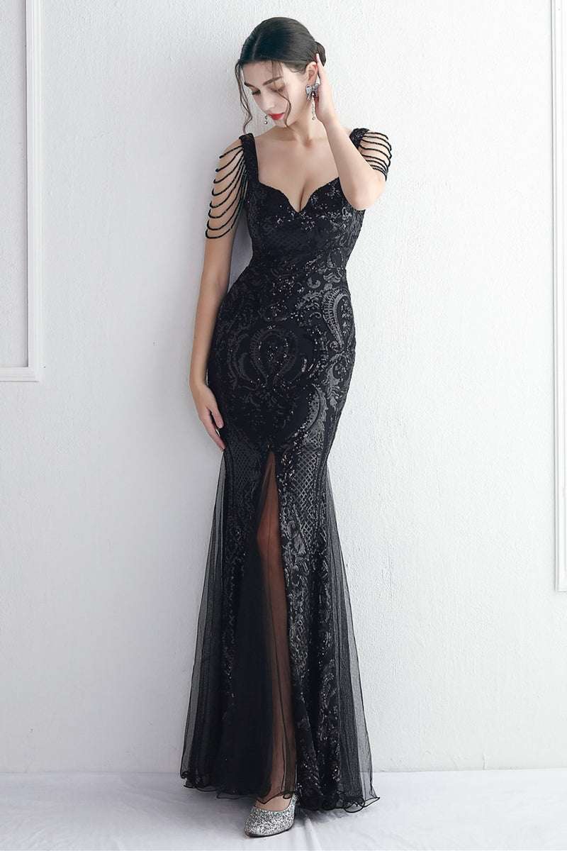 Load image into Gallery viewer, Black Sweetheart Evening Dress With Slit