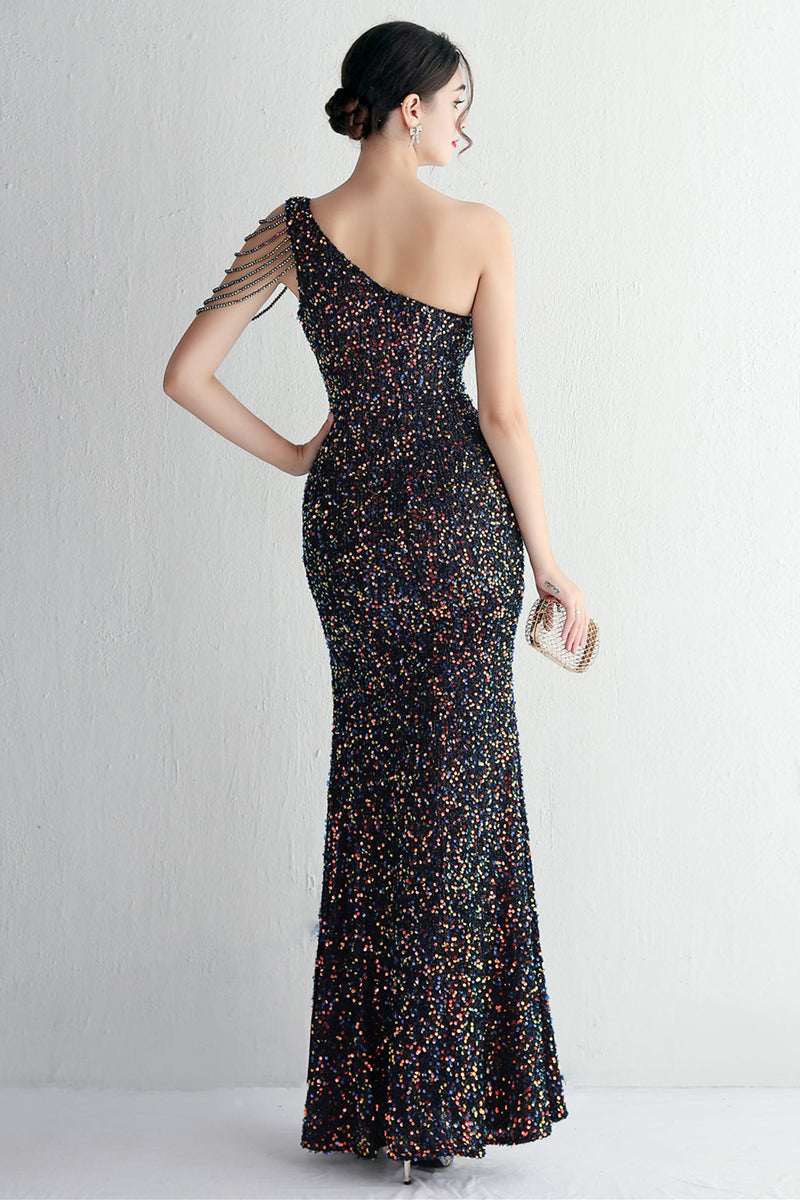 Load image into Gallery viewer, Black Sequined One Shoulder Prom Dress With Slit