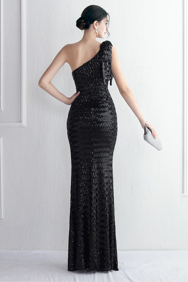 Load image into Gallery viewer, Sheath Black Sequined Floor Length Formal Dress