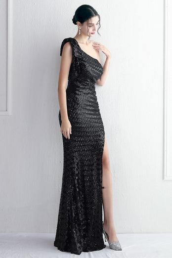 Sheath Black Sequined Floor Length Formal Dress