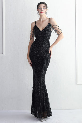 Spaghetti Straps Black V-Neck Evening Dress