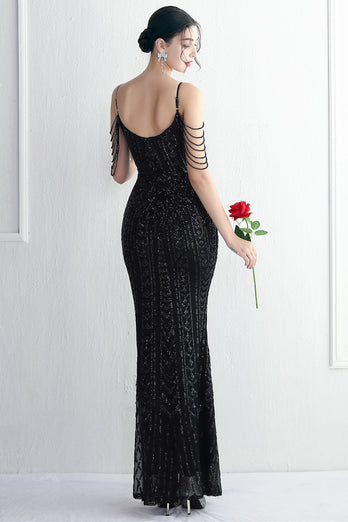 Spaghetti Straps Black V-Neck Evening Dress