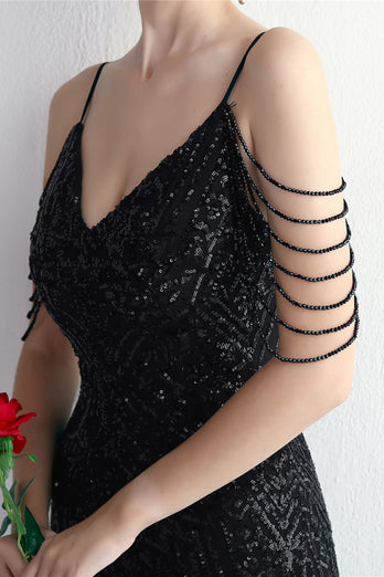 Spaghetti Straps Black V-Neck Evening Dress