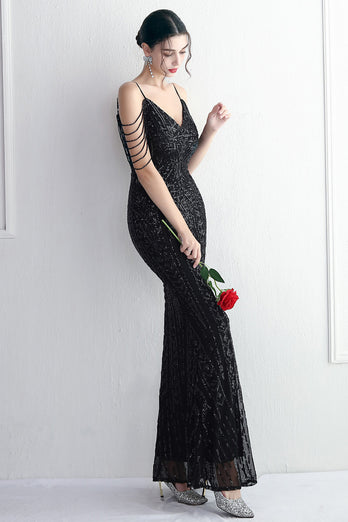 Spaghetti Straps Black V-Neck Evening Dress