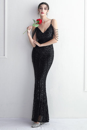 Spaghetti Straps Black V-Neck Evening Dress