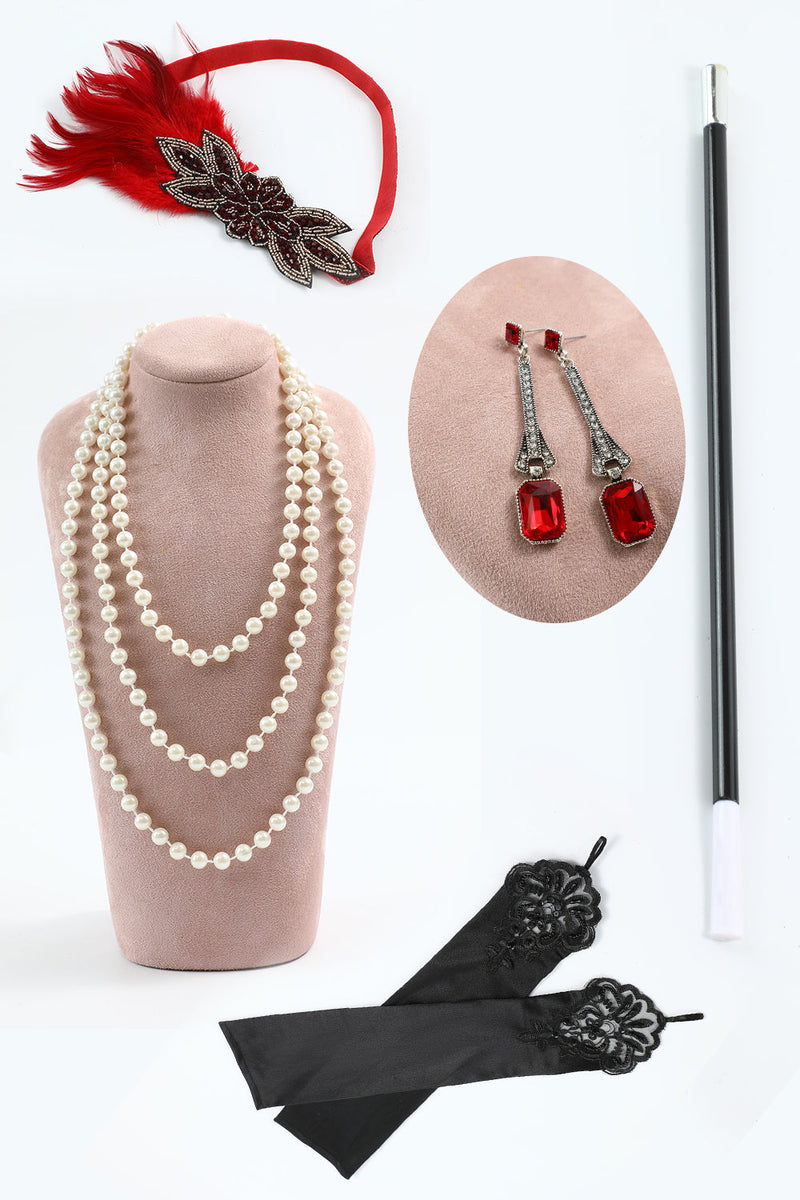 Load image into Gallery viewer, Red Five Pieces 1920s Party Accessories Set