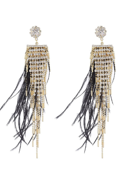 Tassel Feather Rhinestone Long Earrings