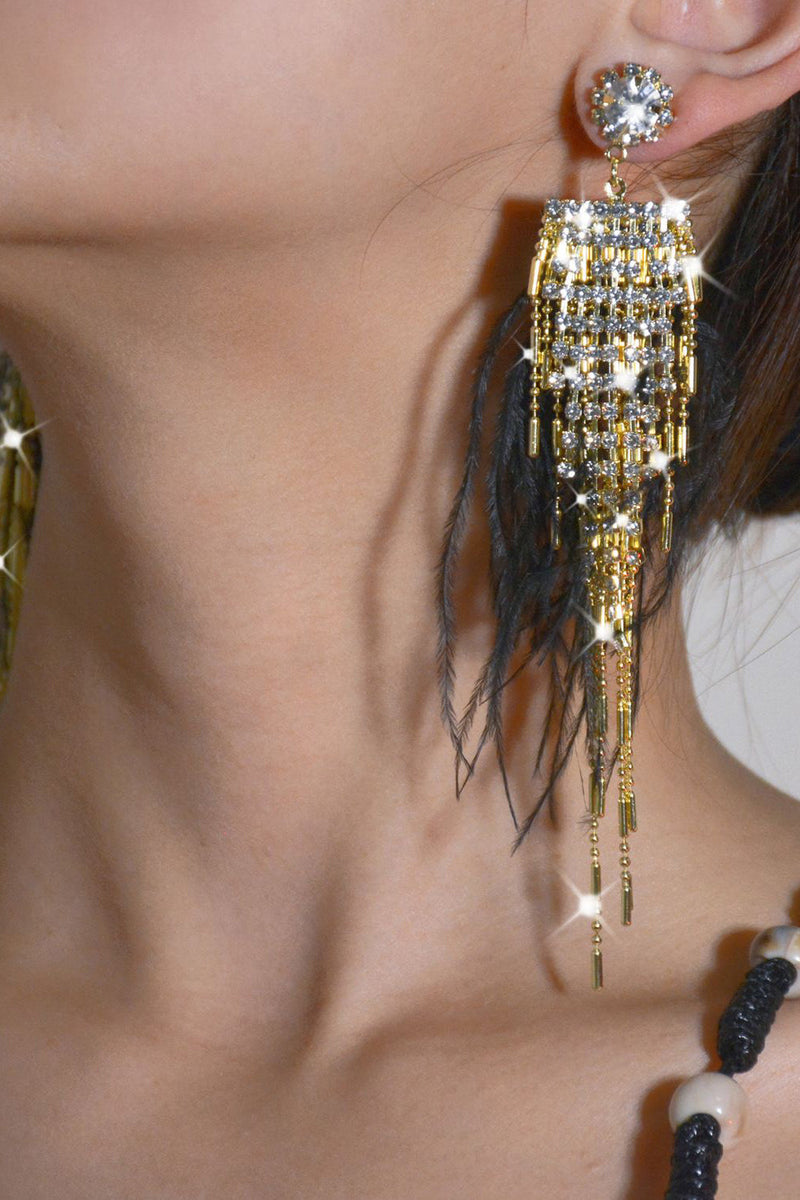 Load image into Gallery viewer, Tassel Feather Rhinestone Long Earrings