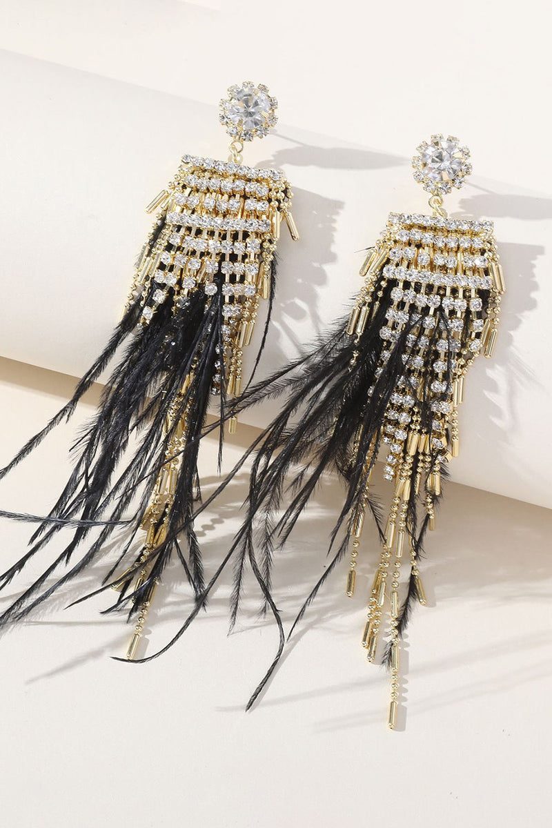 Load image into Gallery viewer, Tassel Feather Rhinestone Long Earrings